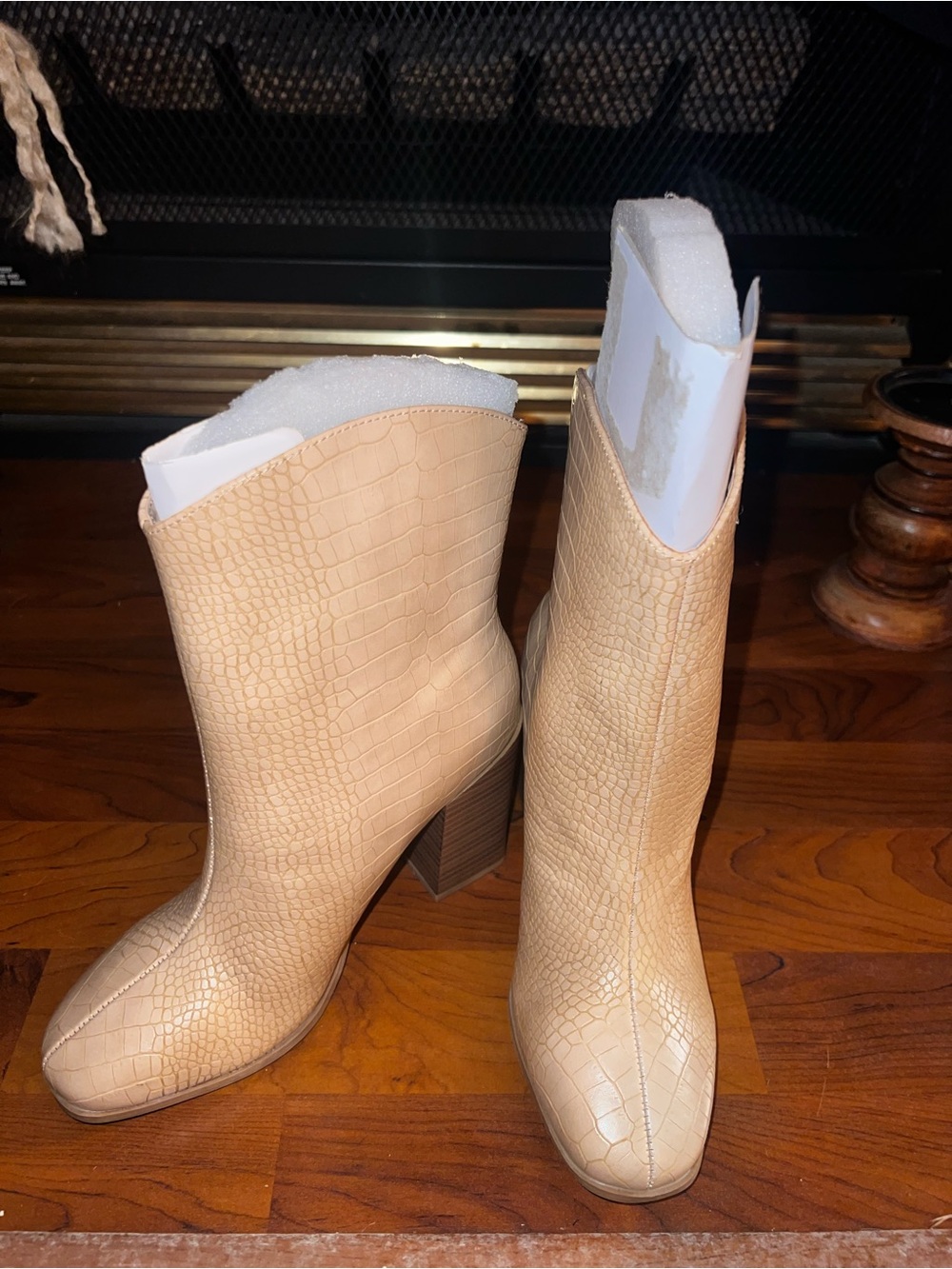 Journee Collection Women's Beige Croc-Embossed Heel Ankle Boots